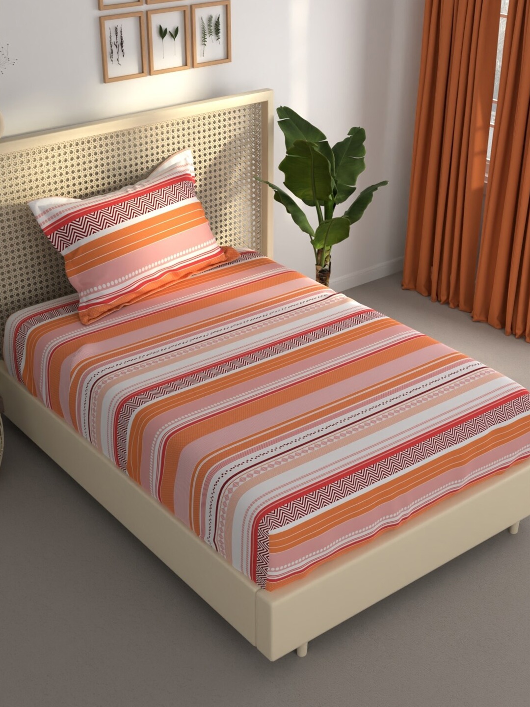 

BIANCA Estonia Orange Striped 120 TC Single Bedsheet With 1 Pillow Covers