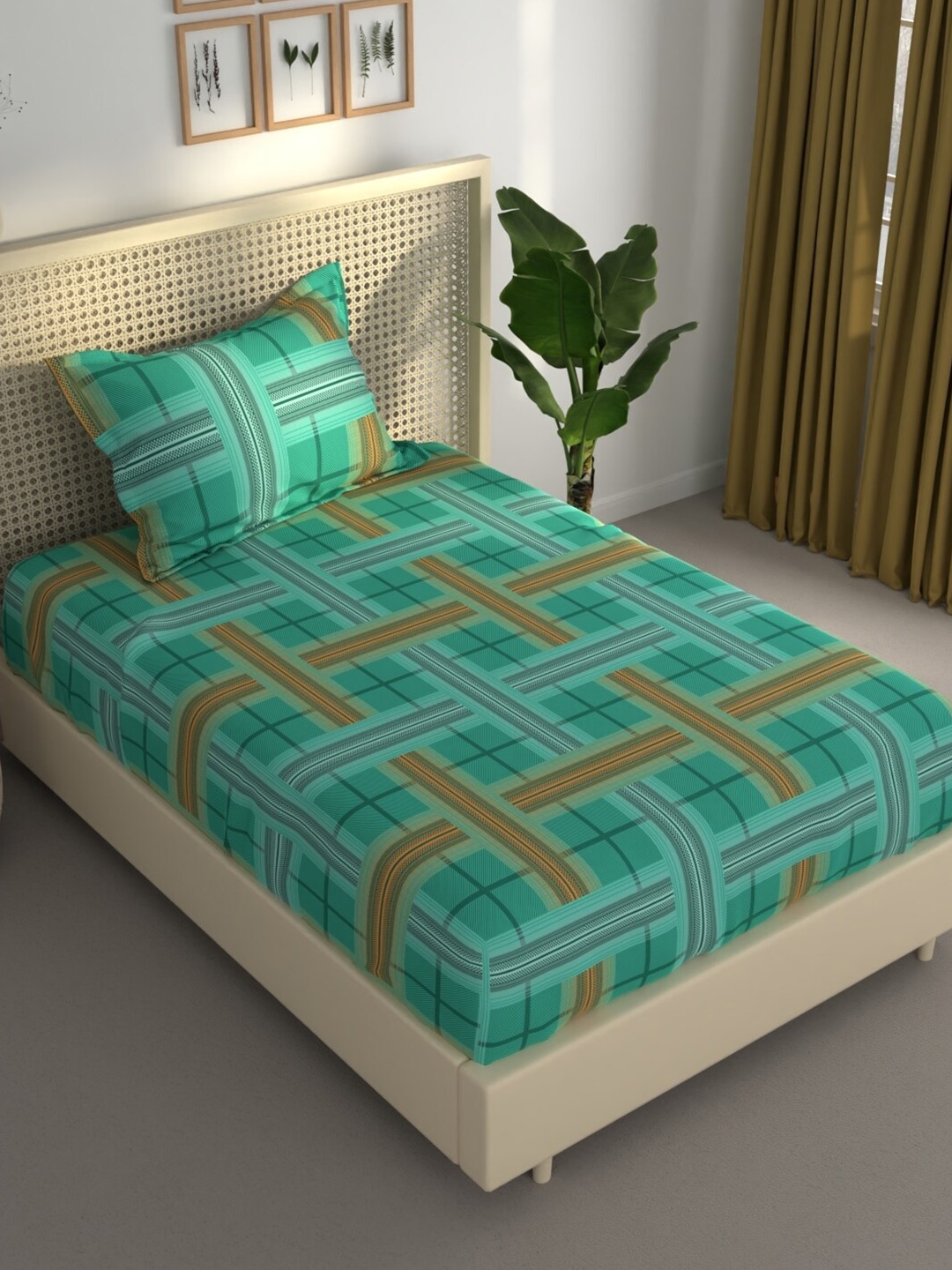 

BIANCA ESTONIA Sea Green & Brown 120 GSM 120 TC Single Bedsheet with 1 Pillow Cover