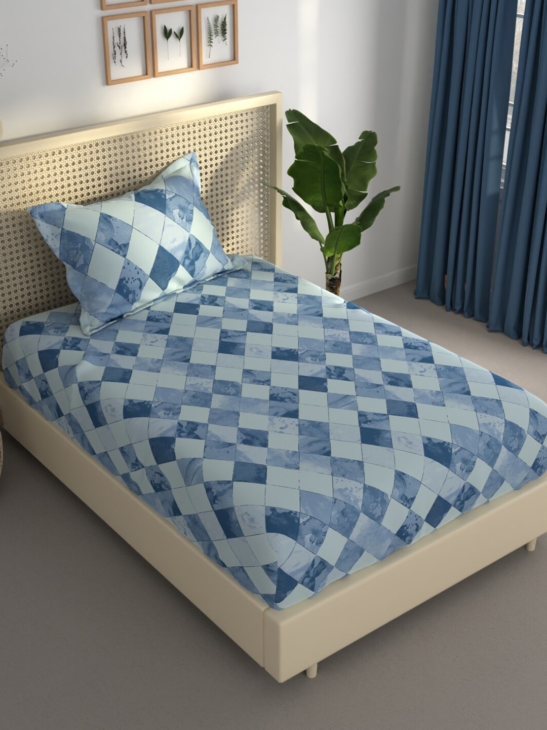 

BIANCA Estonia Blue Geometric 120 TC Single Bedsheet With 1 Pillow Covers