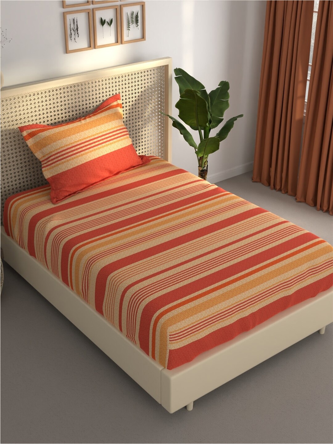 

BIANCA ESTONIA Red & Beige Striped 120 GSM 120 TC Single Bedsheet with 1 Pillow Cover