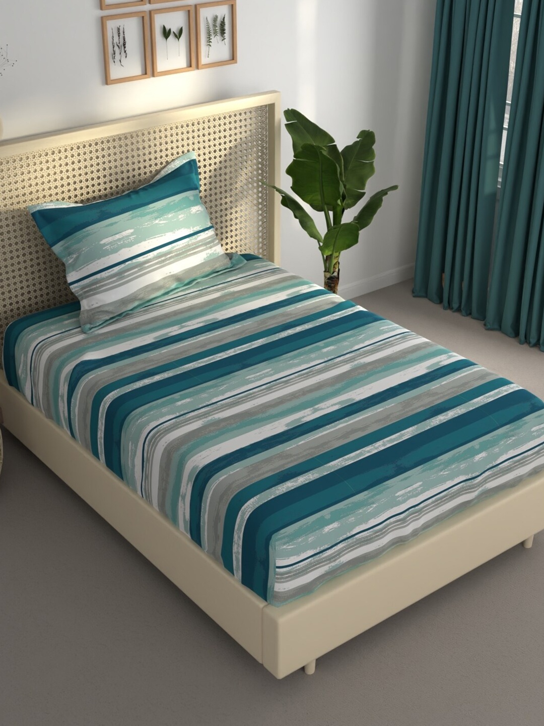 

BIANCA Estonia Teal & White Striped 120 TC Single Bedsheet & Pillow Cover 120 GSM