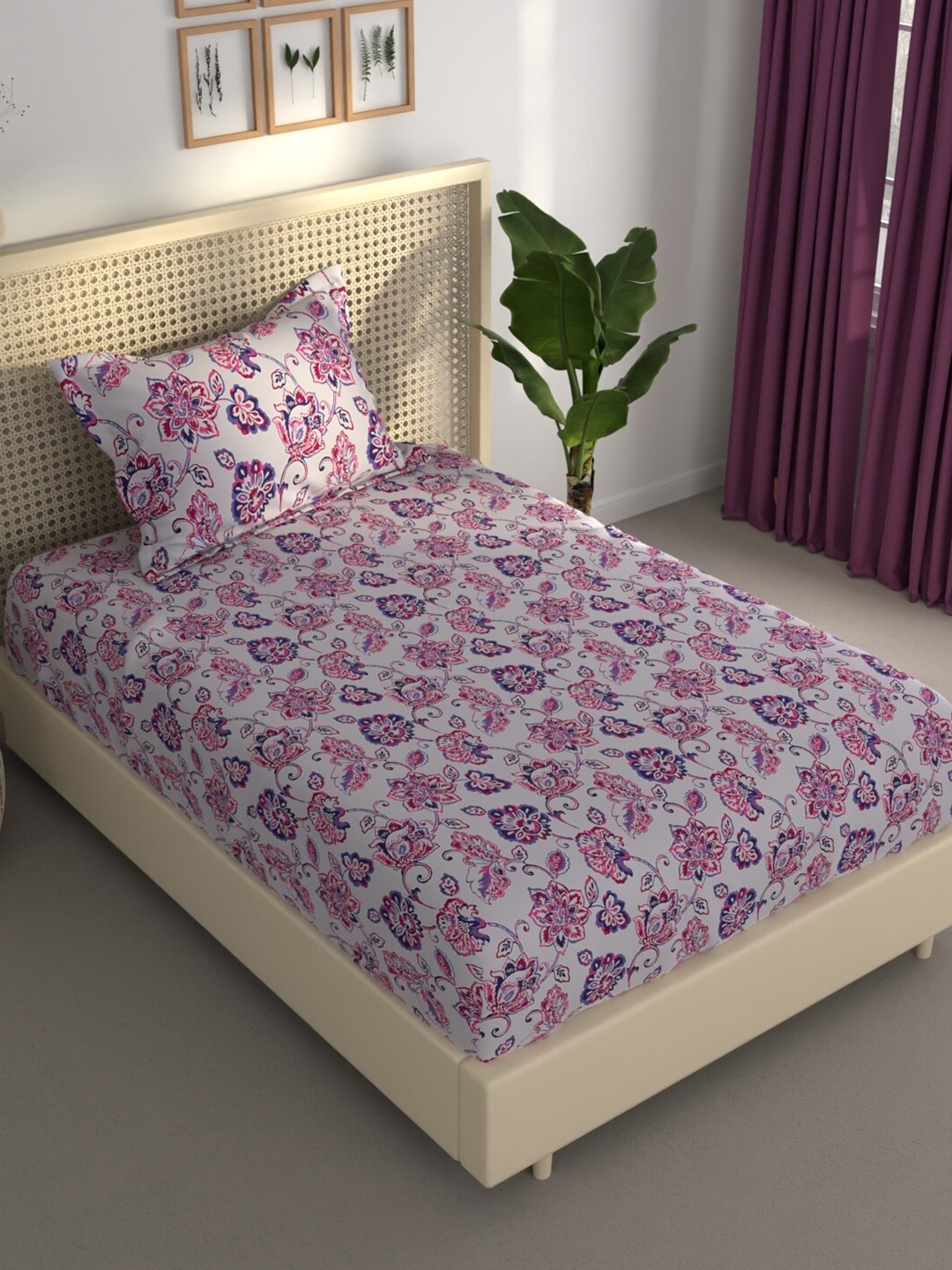 

BIANCA Estonia Grey Pink Floral 120 TC Single Bedsheet With 1 Pillow Covers