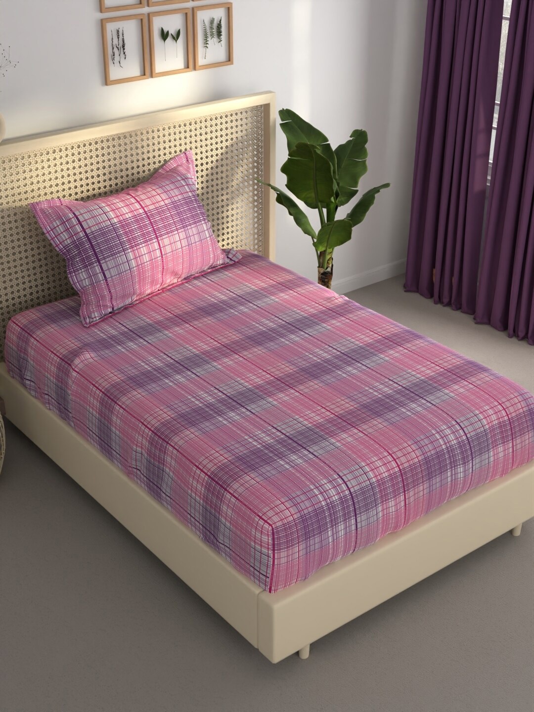 

BIANCA ESTONIA Purple & Pink Striped 120 GSM 120 TC Single Bedsheet with 1 Pillow Cover