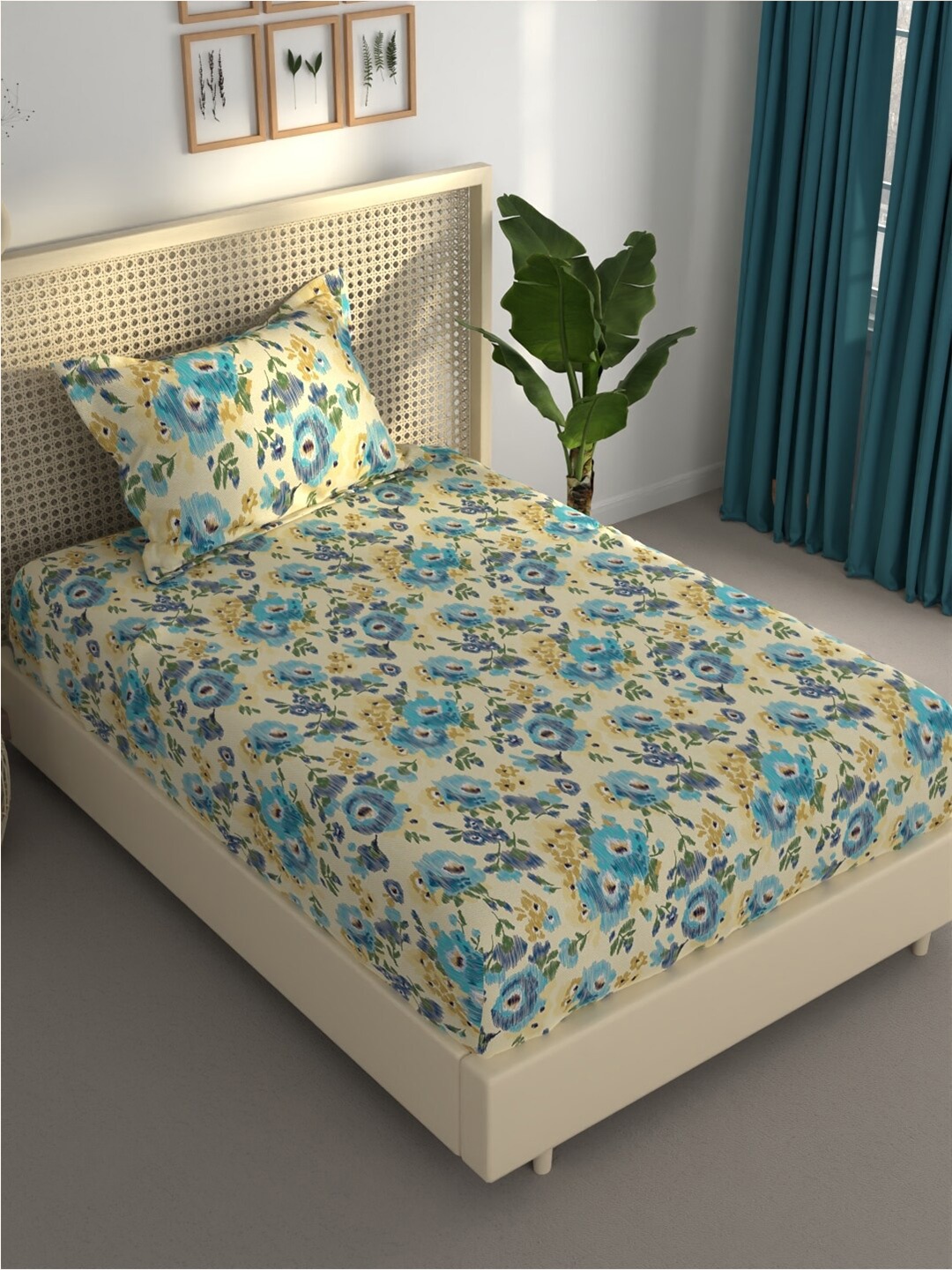 

BIANCA Estonia Beige Blue Floral 120 TC Single Bedsheet With 1 Pillow Covers