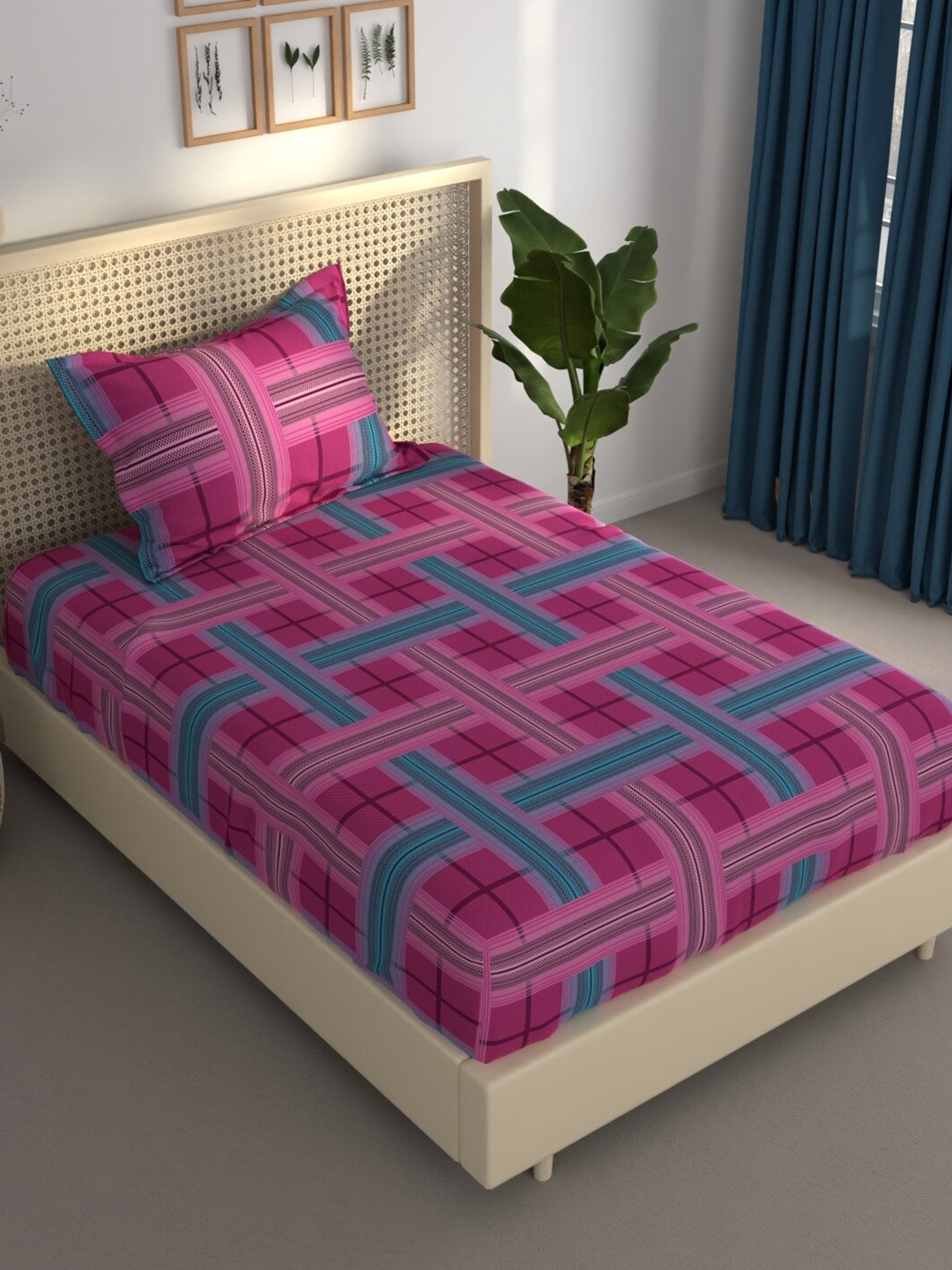 

BIANCA Estonia Magenta & Blue Geometric 120 TC Single Bedsheet & Pillow Cover 120 GSM