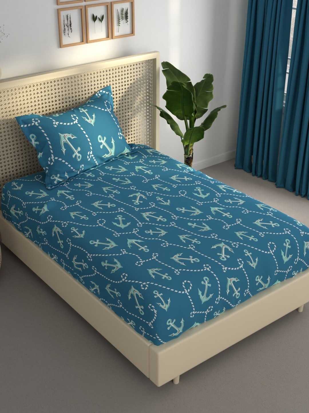 

BIANCA Estonia Turquoise Blue Abstract 120 TC Single Bedsheet With 1 Pillow Covers