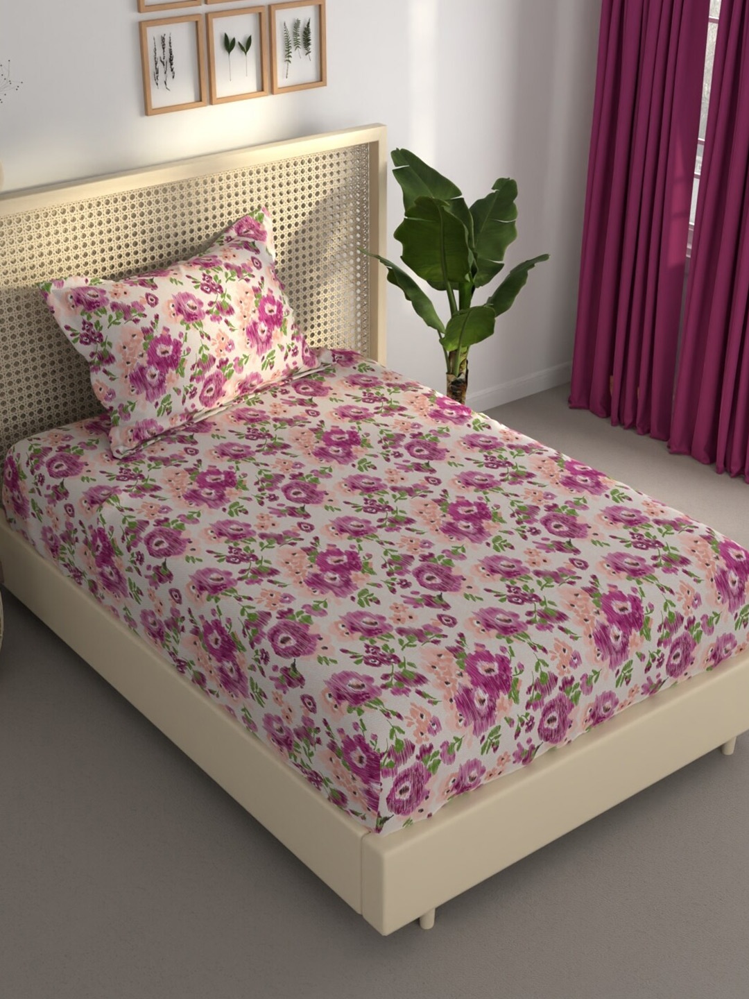 

BIANCA ESTONIA Pink & Green Floral 120 GSM 120 TC Single Bedsheet with 1 Pillow Cover