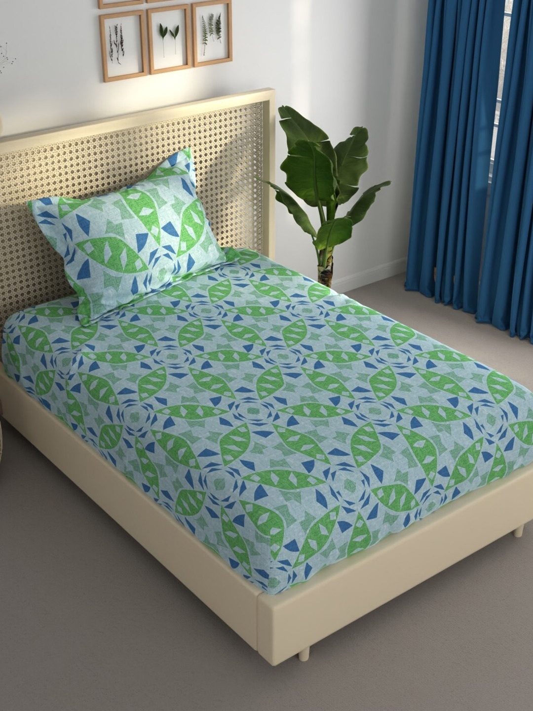 

BIANCA ESTONIA Green & Blue Geometric 120 GSM 120 TC Single Bedsheet with 1 Pillow Cover