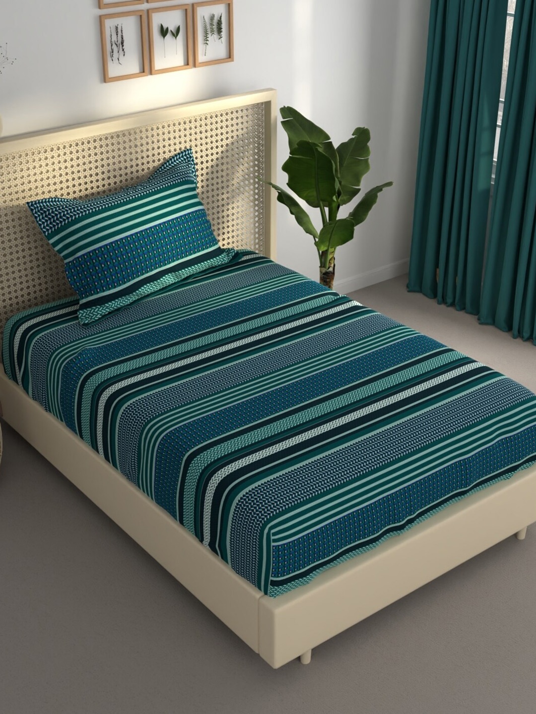 

BIANCA ESTONIA Teal & Blue Striped 120 GSM 120 TC Single Bedsheet with 1 Pillow Cover