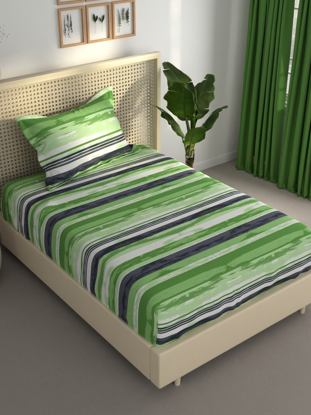 

BIANCA Estonia Green Striped 120 TC Single Bedsheet With 1 Pillow Covers