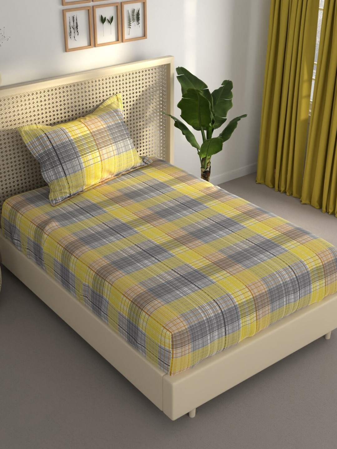 

BIANCA ESTONIA Yellow & Grey Striped 120 GSM 120 TC Single Bedsheet with 1 Pillow Cover