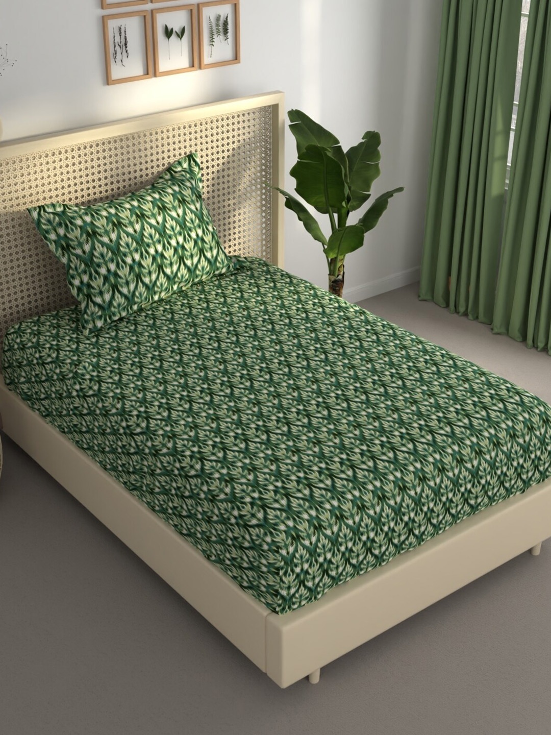 

BIANCA ESTONIA Green & White Abstract 120 GSM 120 TC Single Bedsheet with 1 Pillow Cover