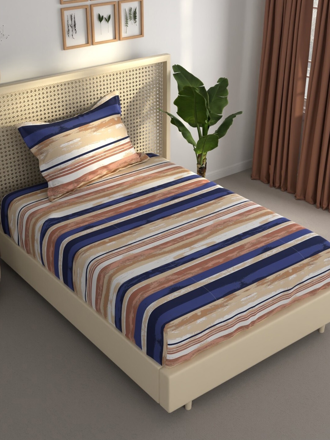 

BIANCA ESTONIA Brown & Blue Striped 120 GSM 120 TC Single Bedsheet with 1 Pillow Cover