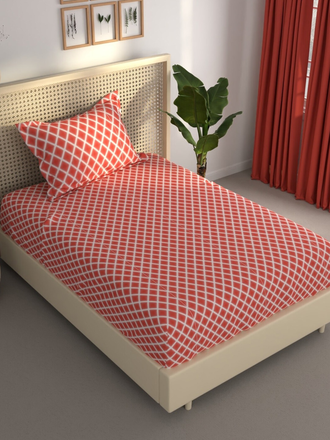 

BIANCA ESTONIA Red & White Geometric 120 GSM 120 TC Single Bedsheet with 1 Pillow Cover
