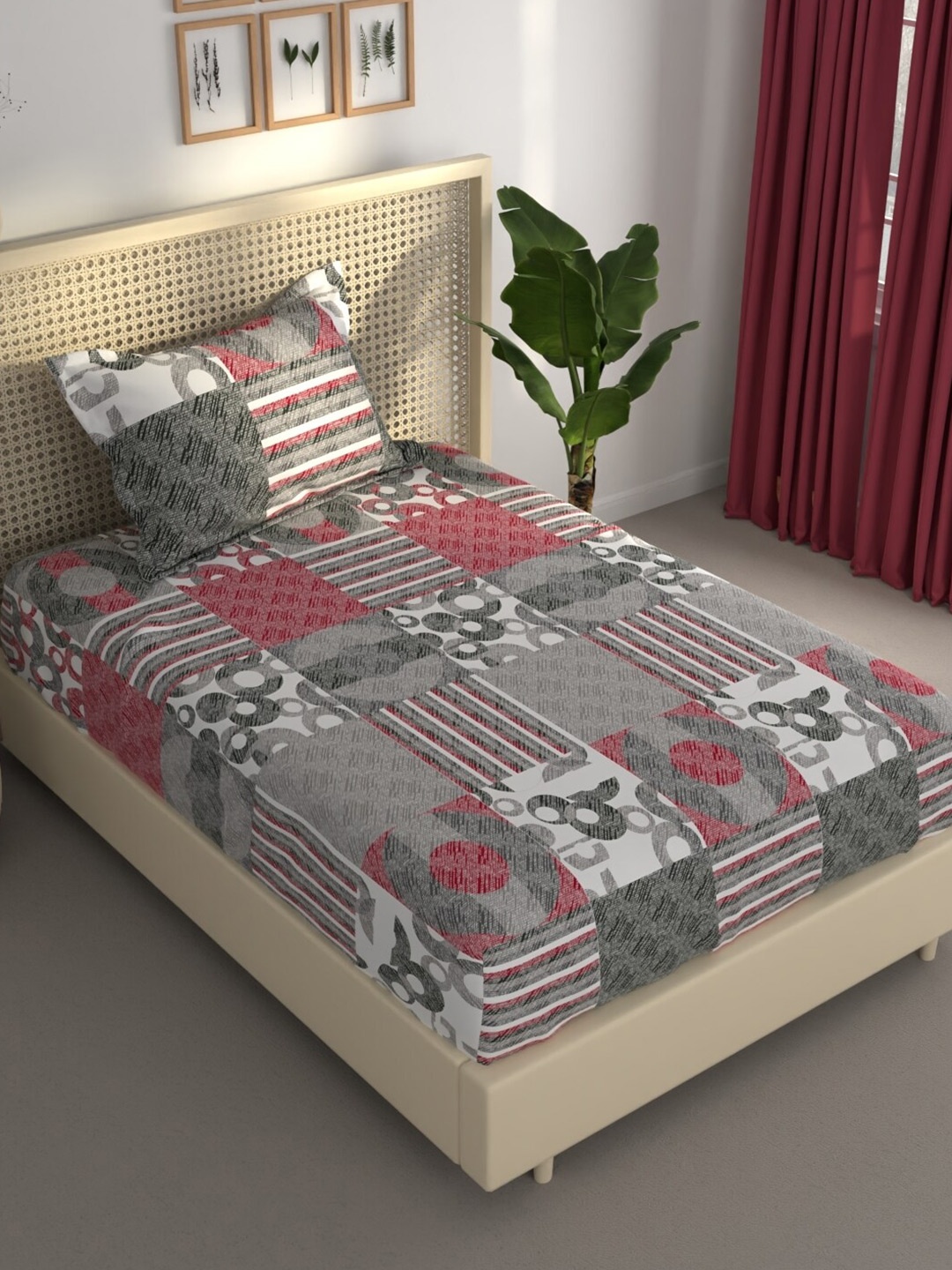 

BIANCA ESTONIA Grey & Red Geometric 120 GSM 120 TC Single Bedsheet with 1 Pillow Cover