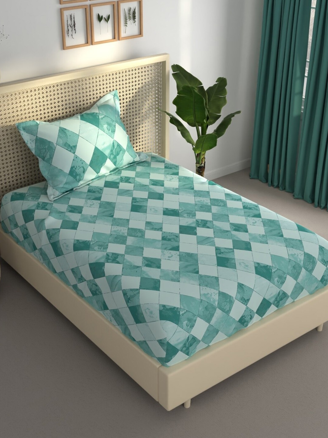 

BIANCA Estonia Teal Green Geometric 120 TC Single Bedsheet With 1 Pillow Covers
