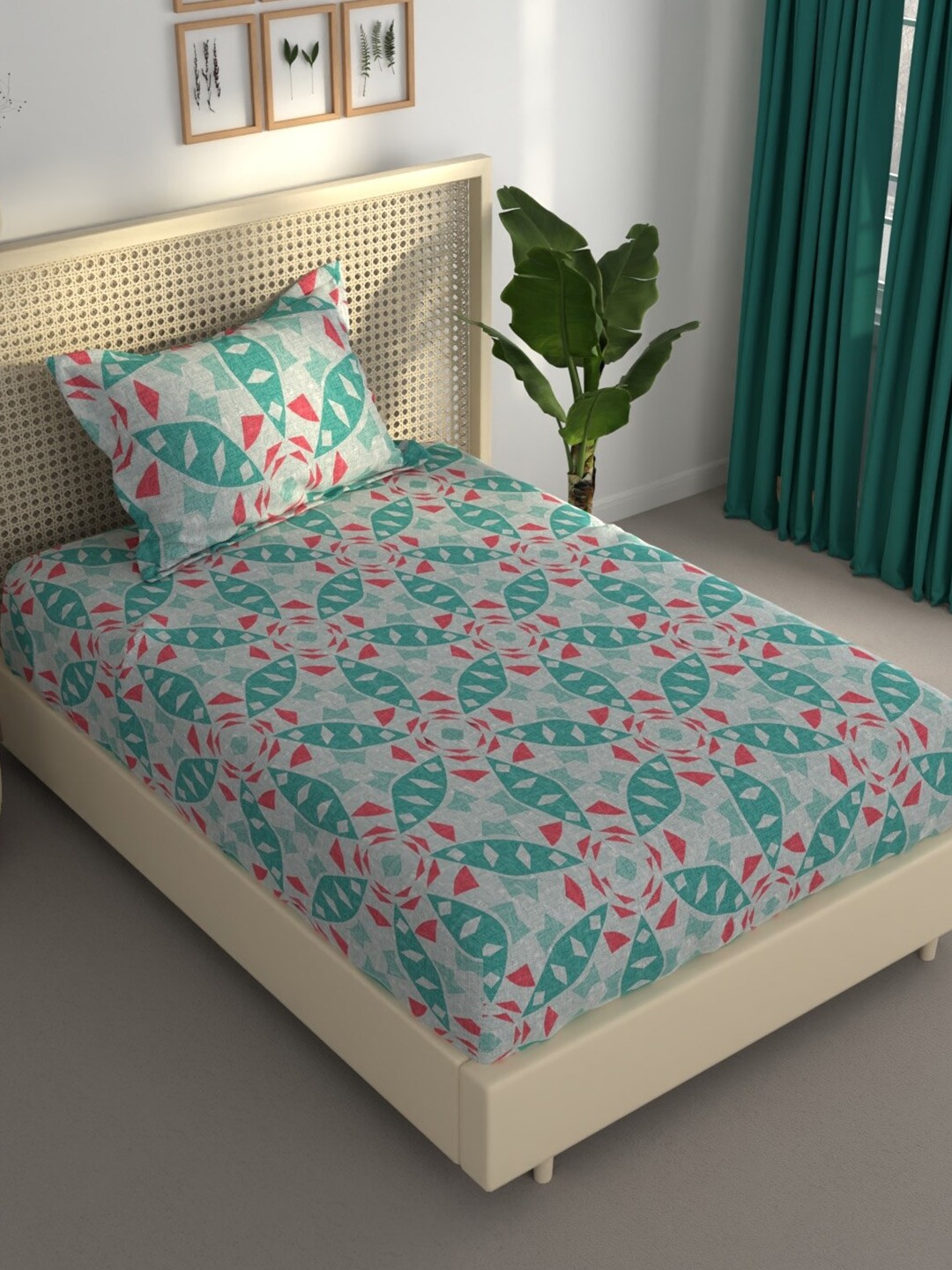 

BIANCA ESTONIA Teal & Red Geometric 120 GSM 120 TC Single Bedsheet with 1 Pillow Cover