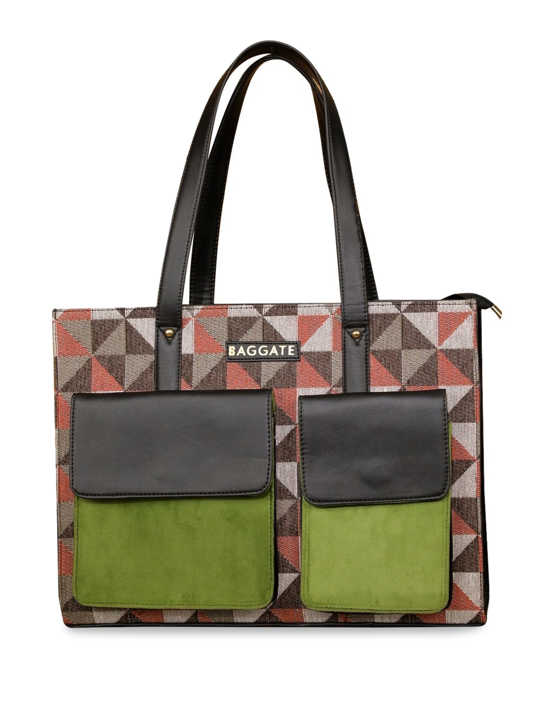

BAGGATE Geometric Printed Duo Pockets Jacquard Structured Tote Bag, Brown