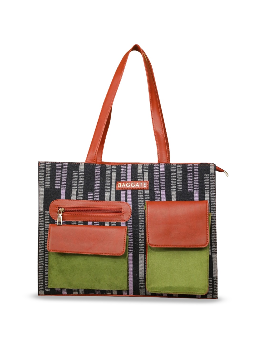

BAGGATE Striped Tri Pockets Structured Shoulder Bag Up to 16 inch, Black