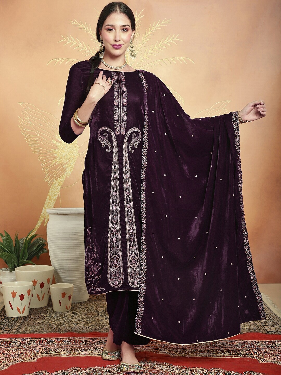 

Stylee LIFESTYLE Paisley Embroidered Velvet Unstitched Dress Material, Burgundy