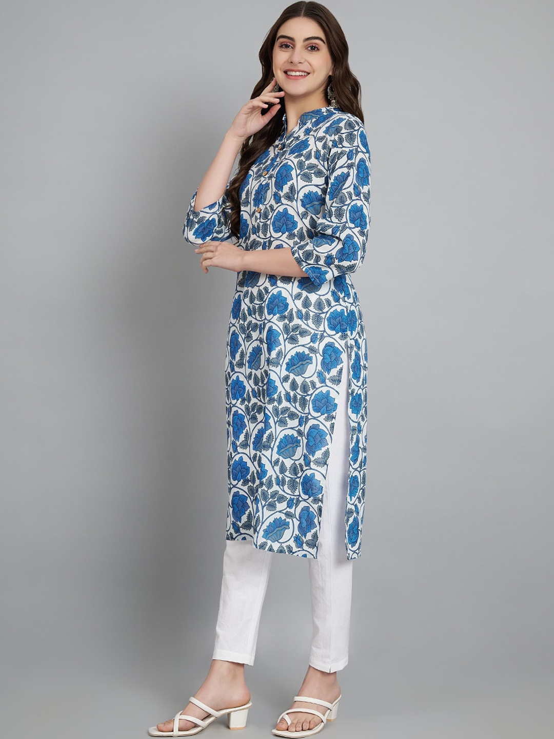 

KALINI Floral Printed Mandarin Collar Pure Cotton Kurta With Trousers, White