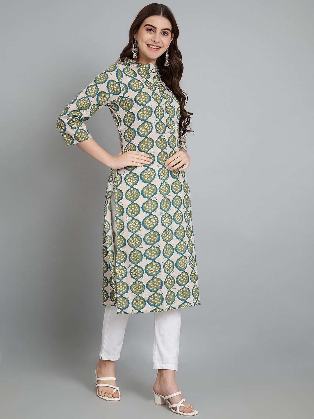 

KALINI Ethnic Motifs Printed Pure Cotton Straight Kurta With Trouser, Off white