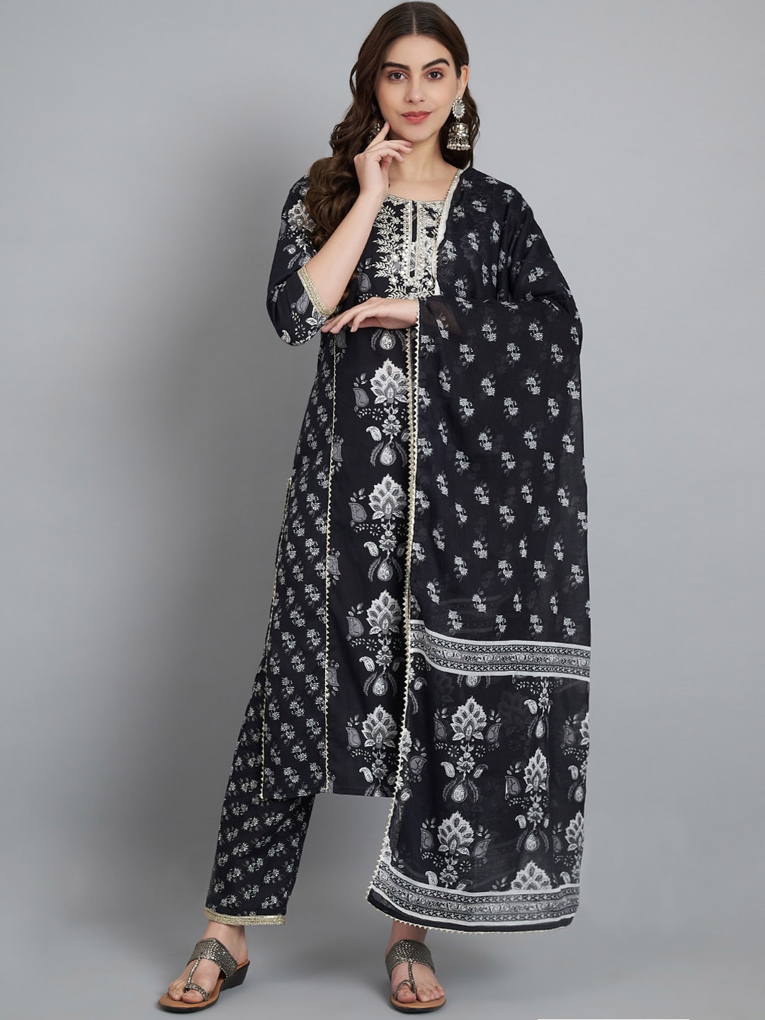 

KALINI Floral Printed Regular Pure Cotton Kurta With Trousers & Dupatta, Black