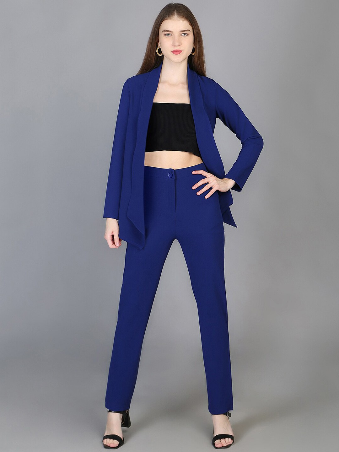 

Chemistry Shawl Collar Crop Top With Flared Trouser & Shrug Co-Ords, Blue