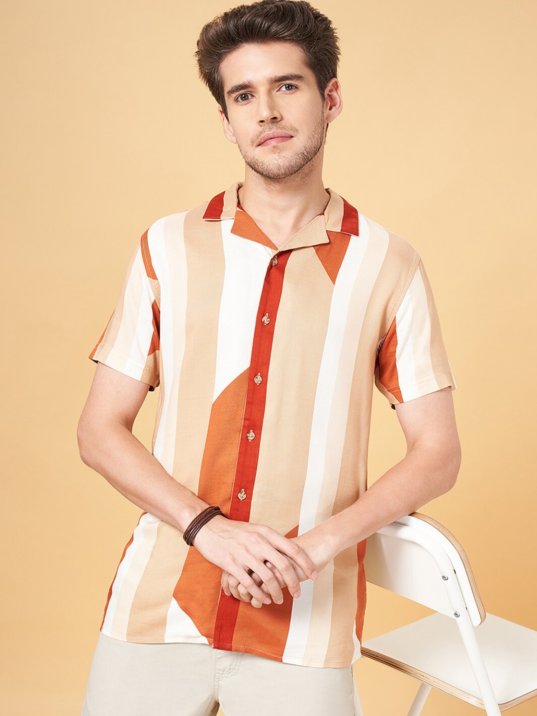 

Urban Ranger by pantaloons Slim Fit Abstract Printed Cuban Collar Cotton Casual Shirt, Rust