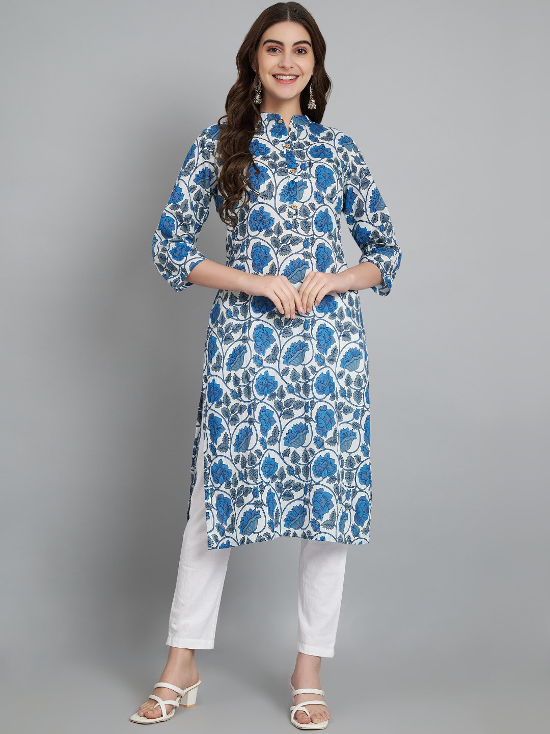 

ERISHA Floral Printed Mandarin Collar Pure Cotton Kurta with Trousers, White