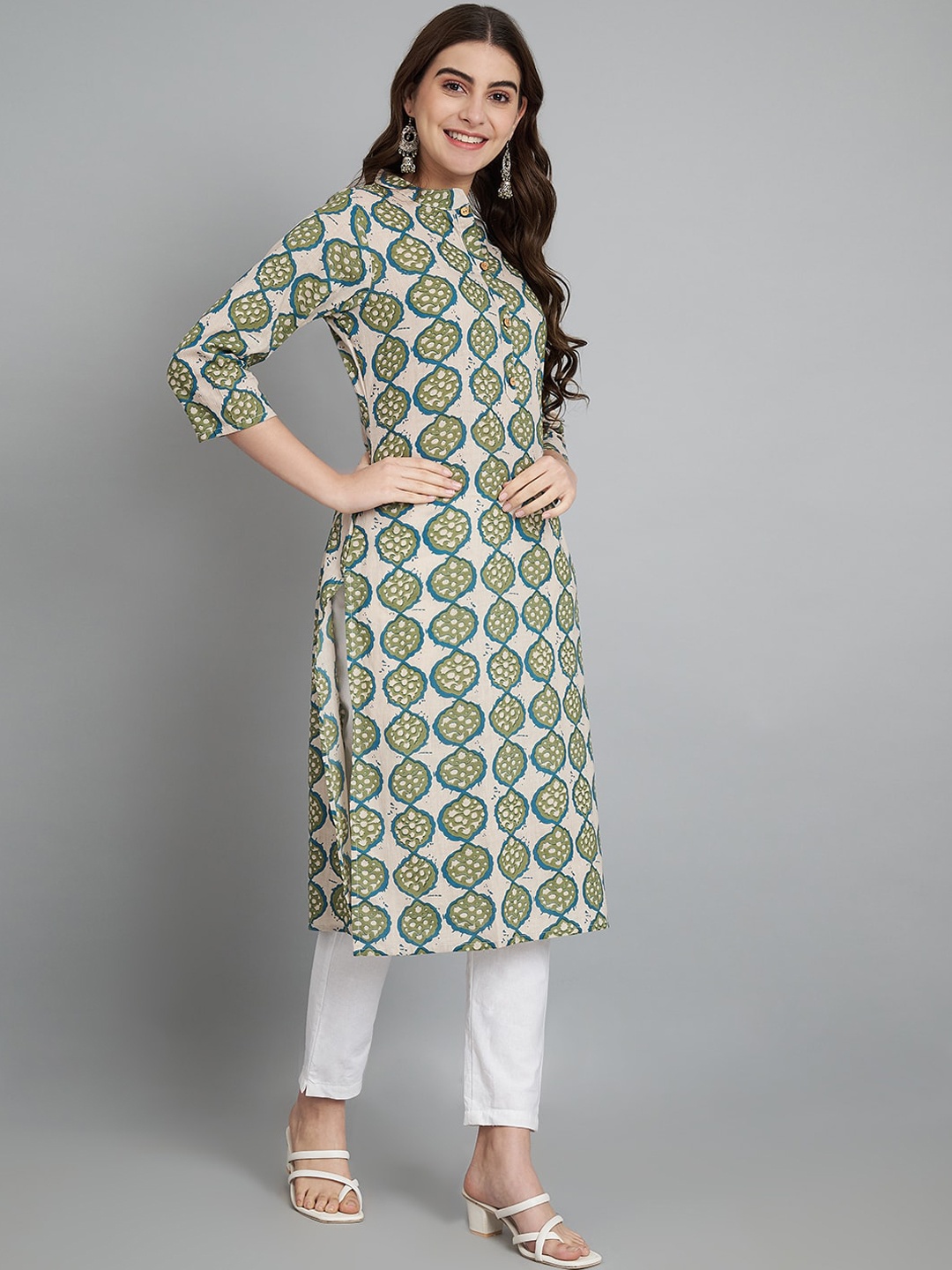 

ERISHA Floral Printed Mandarin Collar Pure Cotton Kurta with Trousers, Off white
