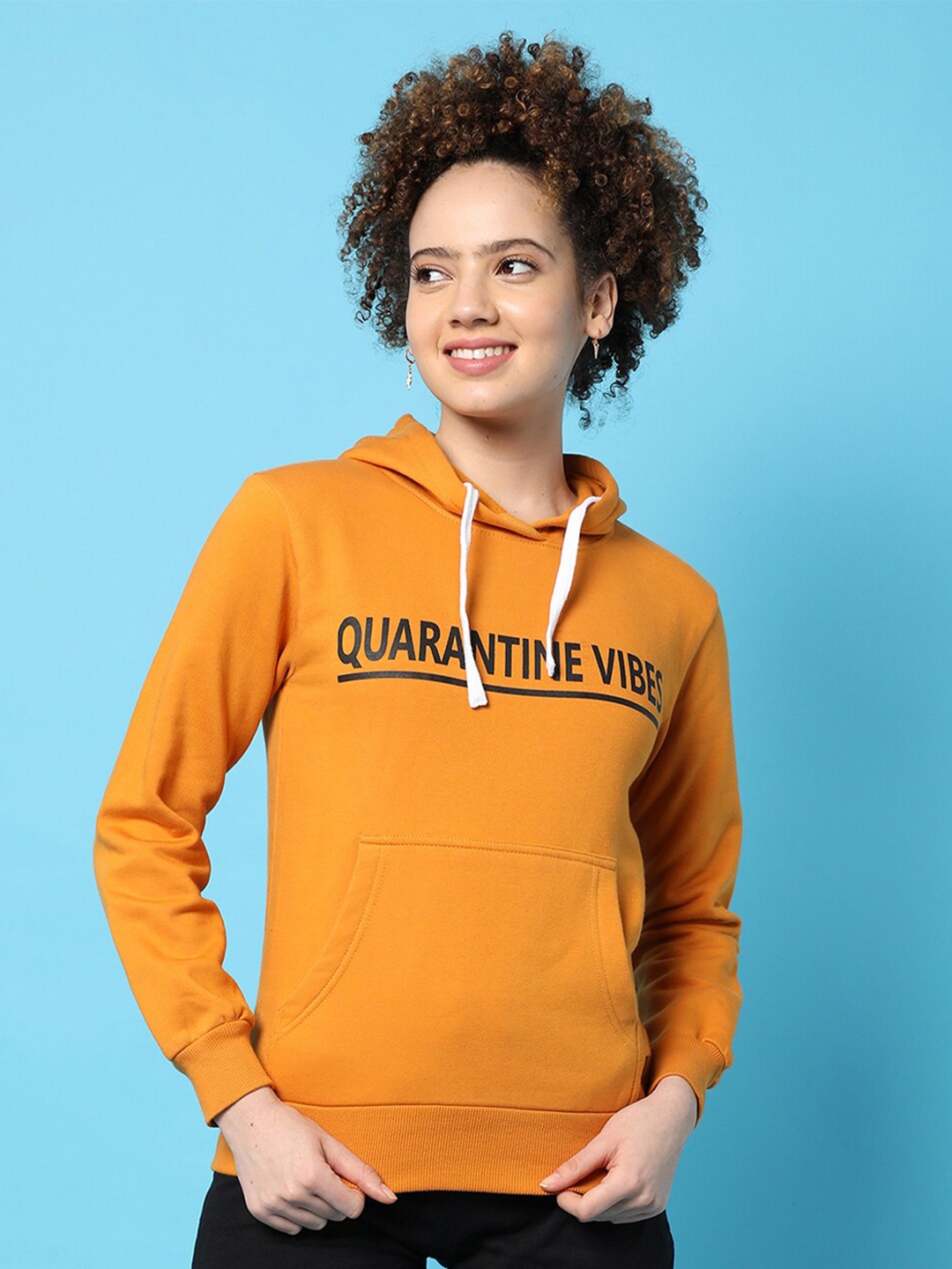 

Campus Sutra Mustard Yellow Typography Printed Hooded Cotton Pullover Sweatshirt
