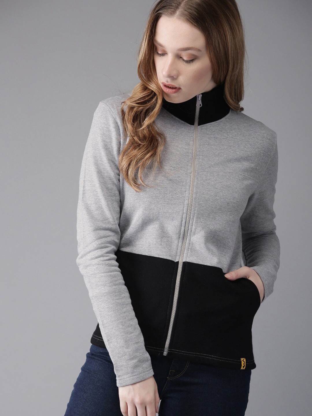 

Campus Sutra Grey Colourblocked Mock Collar Cotton Front Open Sweatshirt