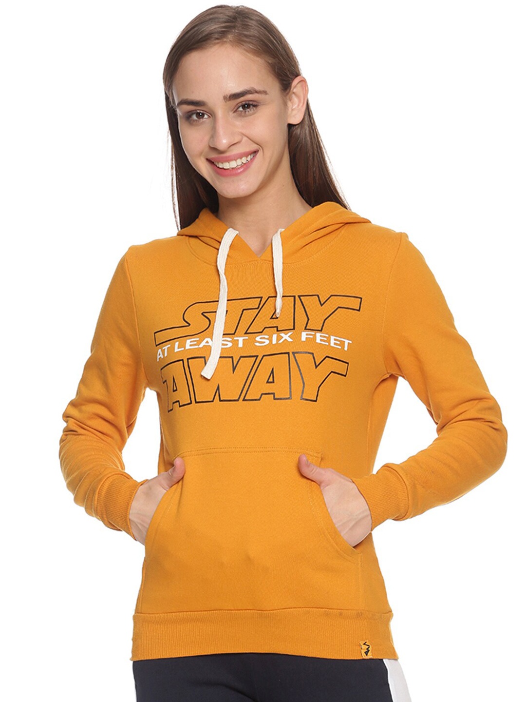

Campus Sutra Typography Printed Hooded Cotton Sweatshirt, Mustard