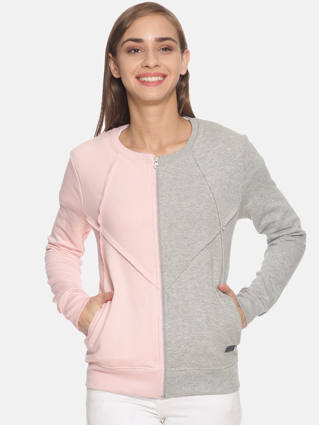 

Campus Sutra Colourblocked Cotton Front-Open Sweatshirt, Grey
