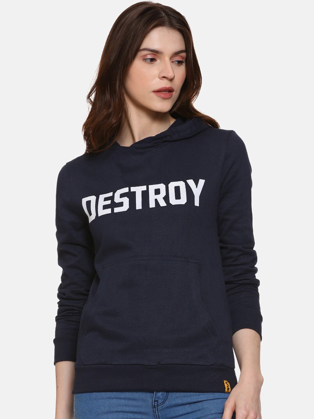 

Campus Sutra Navy Blue Typography Printed Hooded Cotton Pullover Sweatshirt