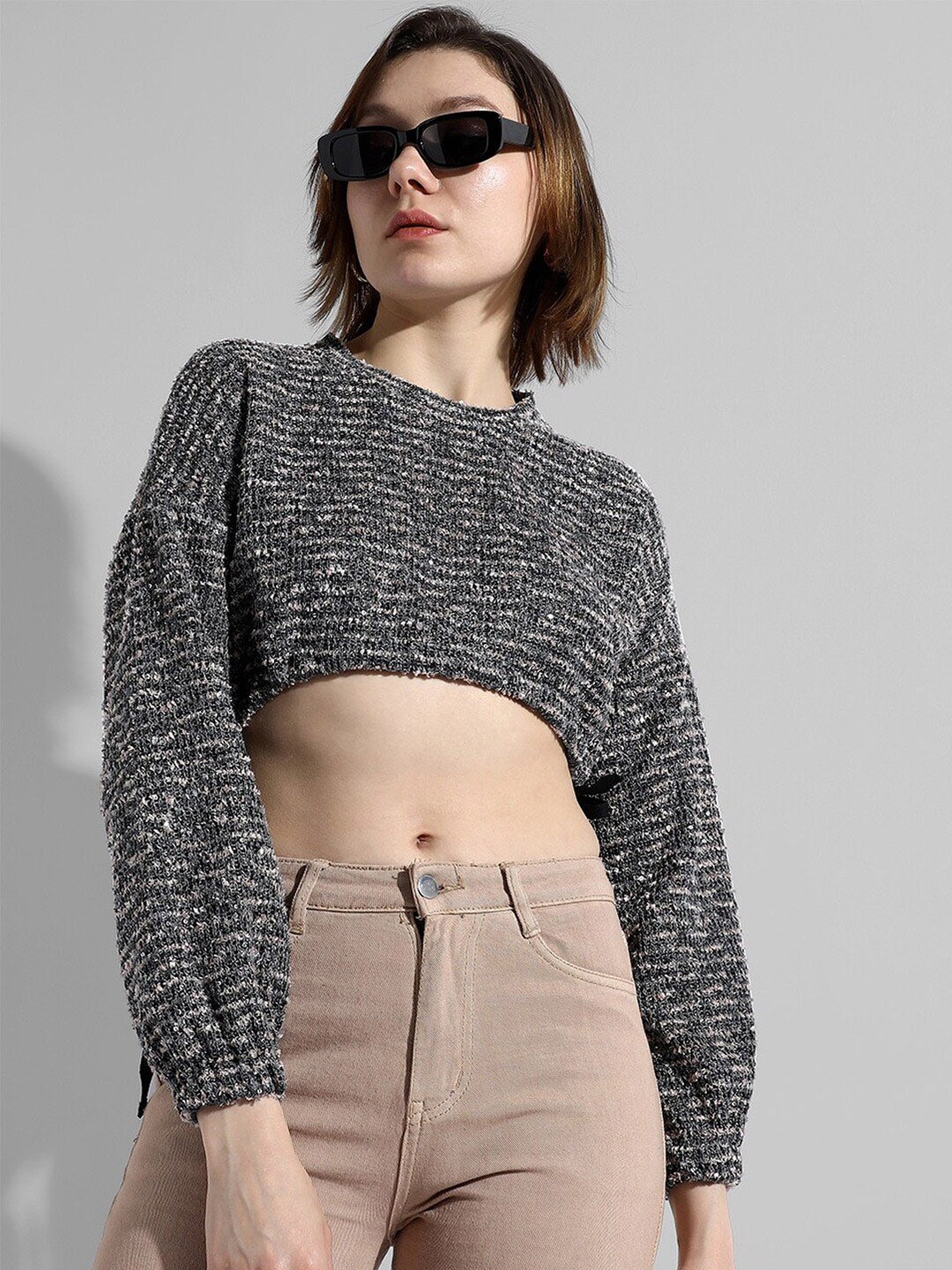 

Campus Sutra Self Design Round Neck Cotton Crop Sweatshirt, Charcoal