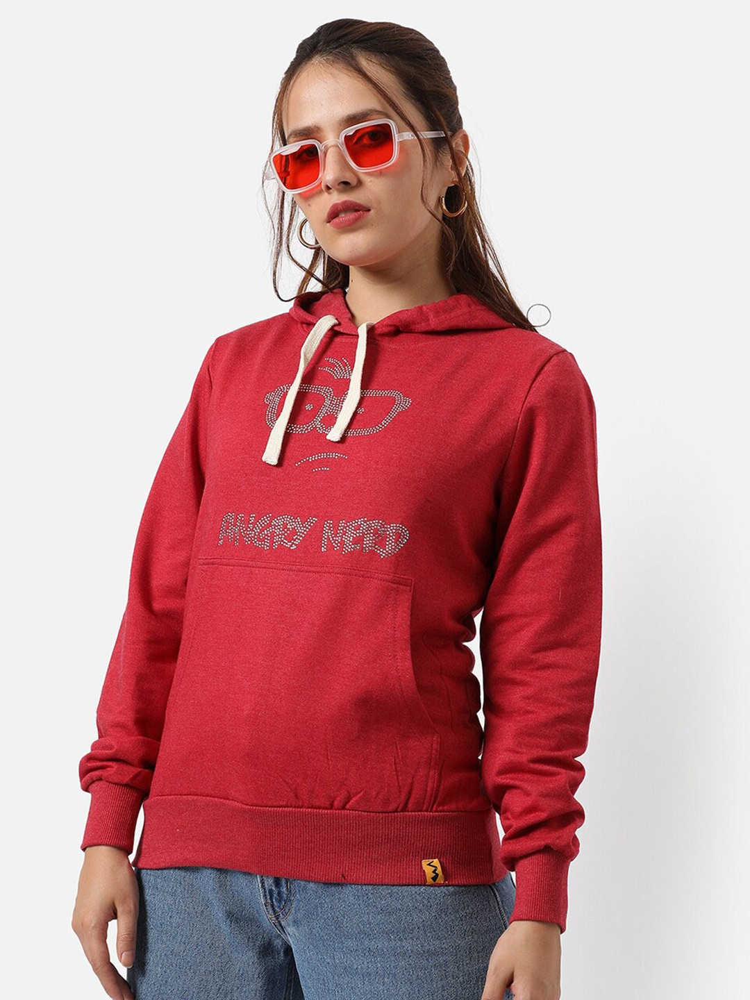

Campus Sutra Typography Printed Hooded Cotton Sweatshirt, Red