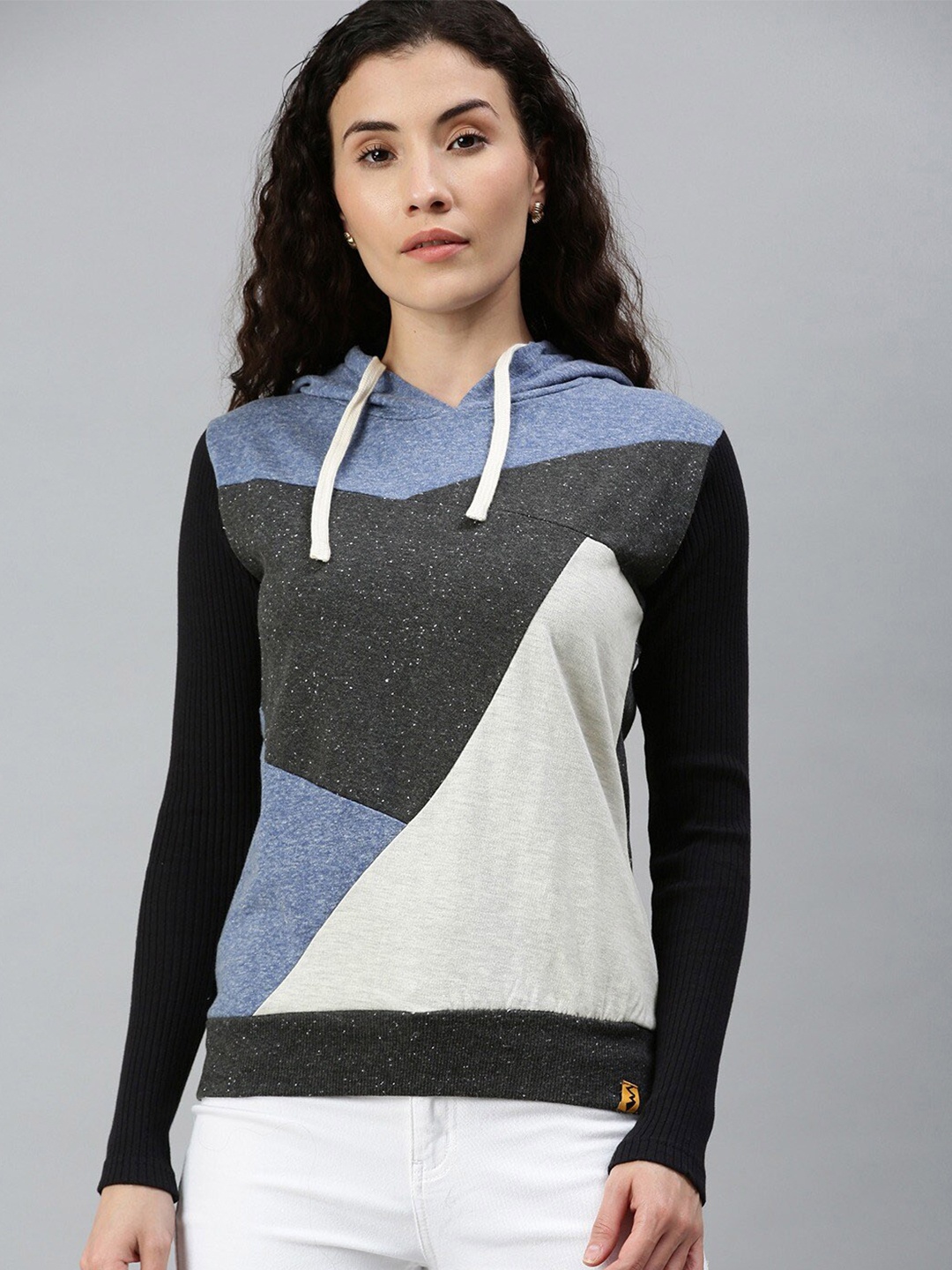 

Campus Sutra Colourblocked Hooded Cotton Sweatshirt, Blue