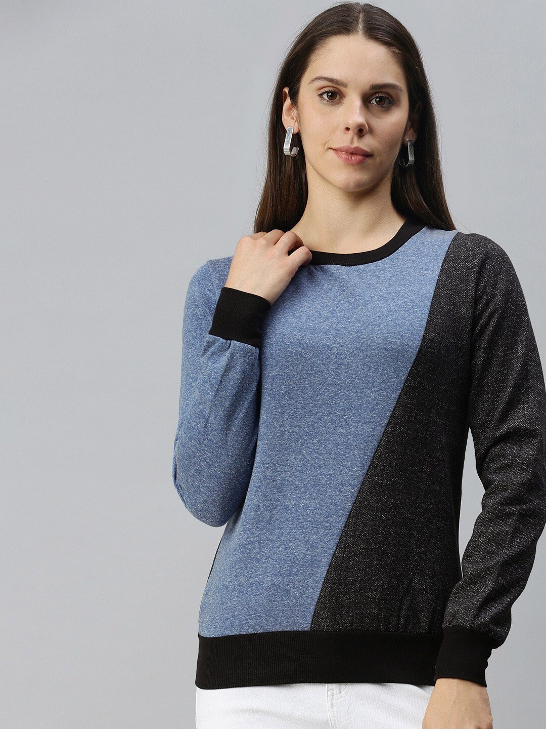

Campus Sutra Blue & Black Colourblocked Cotton Pullover Sweatshirt