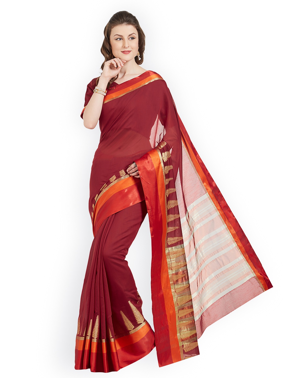 

Kvsfab Red & Multicoloured Silk Cotton Woven Design Saree, Maroon
