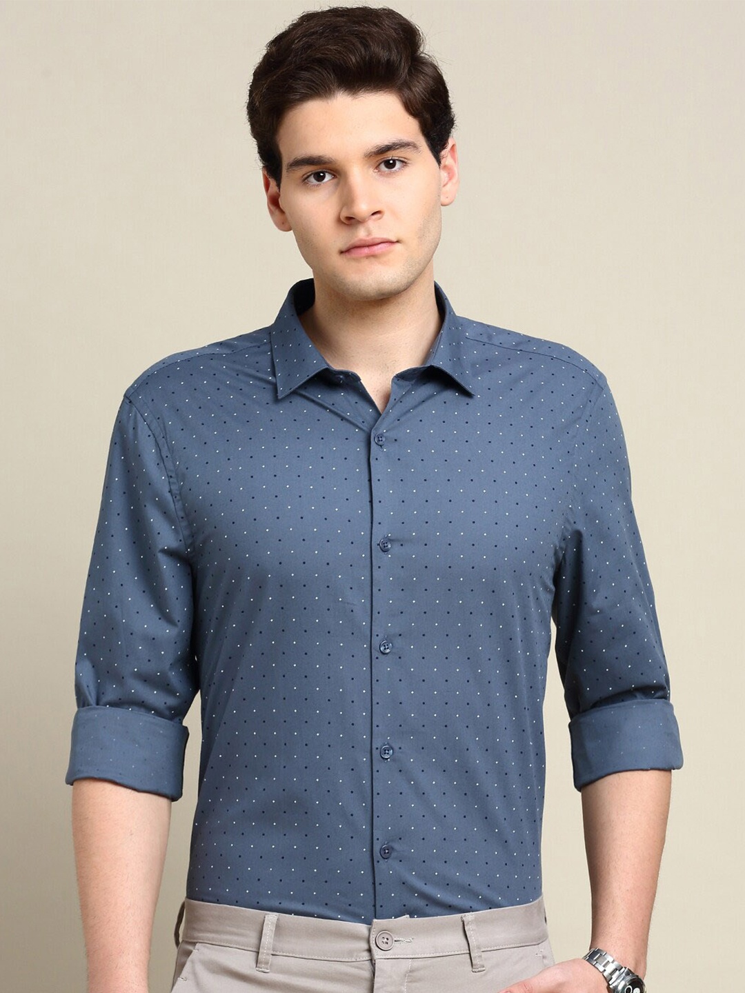 

INVICTUS Standard Slim Fit Polka Dots Printed Cotton Casual Shirt, Grey