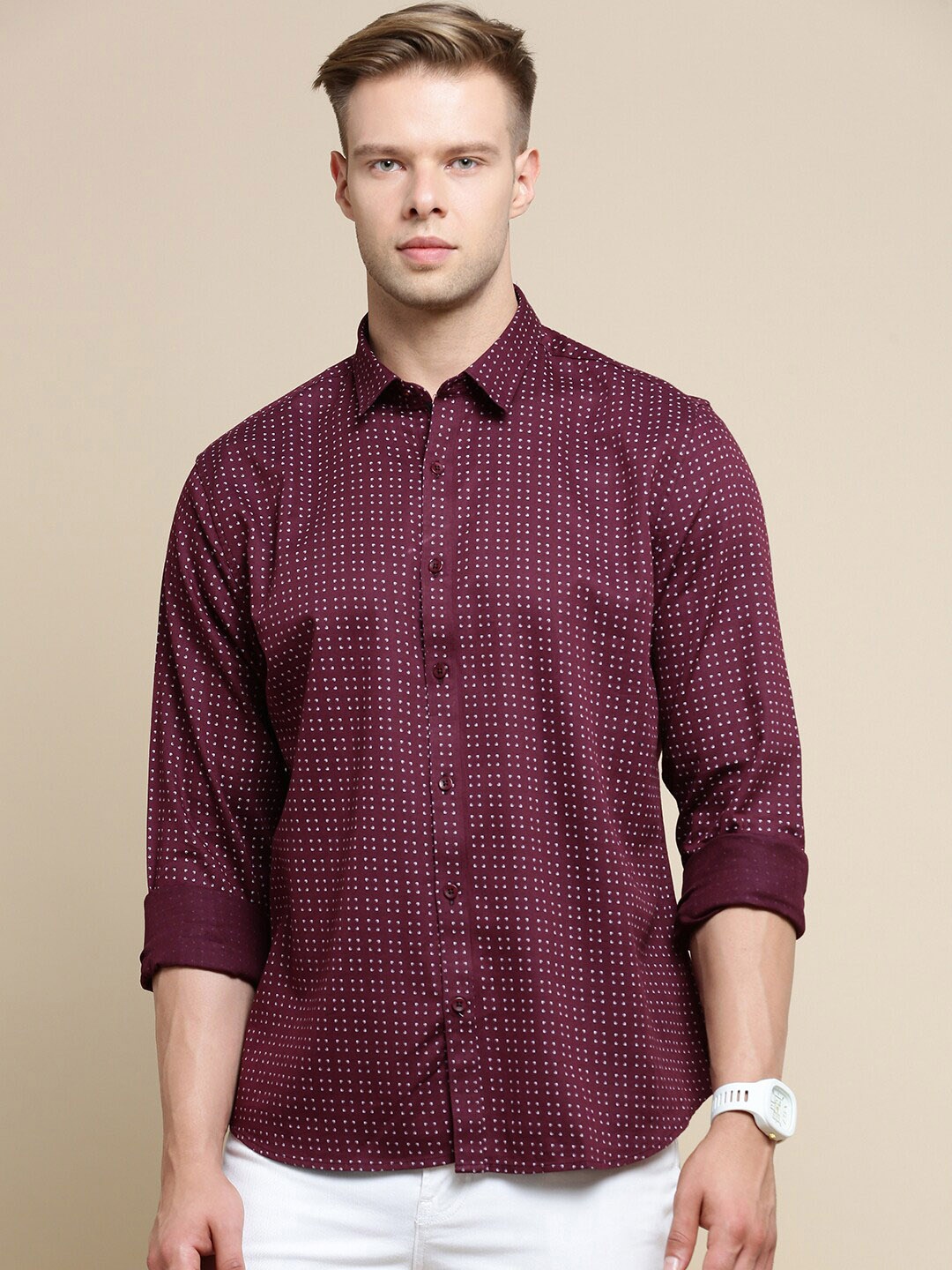 

INVICTUS Sport Micro Ditsy Printed Twill Slim Fit Cotton Shirt, Maroon