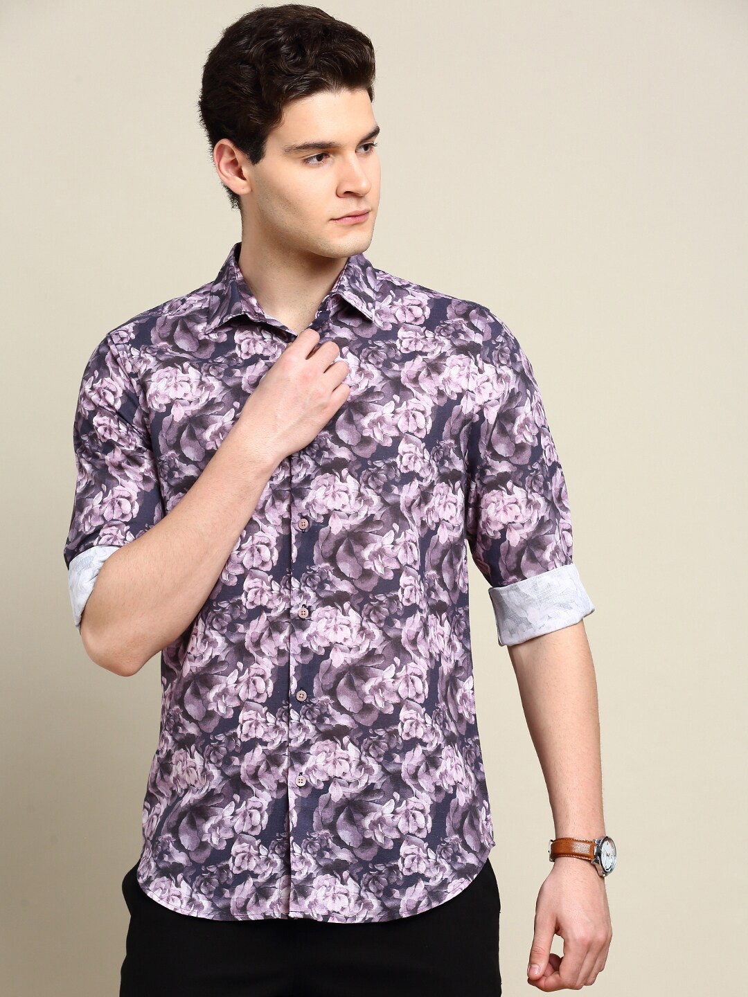 

INVICTUS Club Slim Fit Floral Printed Cotton Casual Shirt, Purple