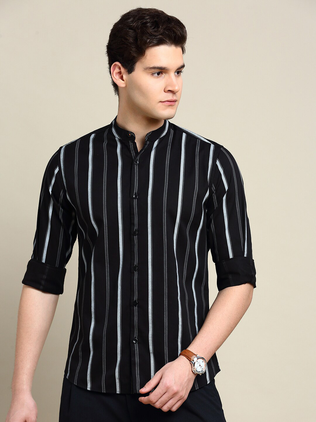 

INVICTUS Sport Slim Fit Vertical Stripes Mandarin Collar Long Sleeve Cotton Casual Shirt, Black