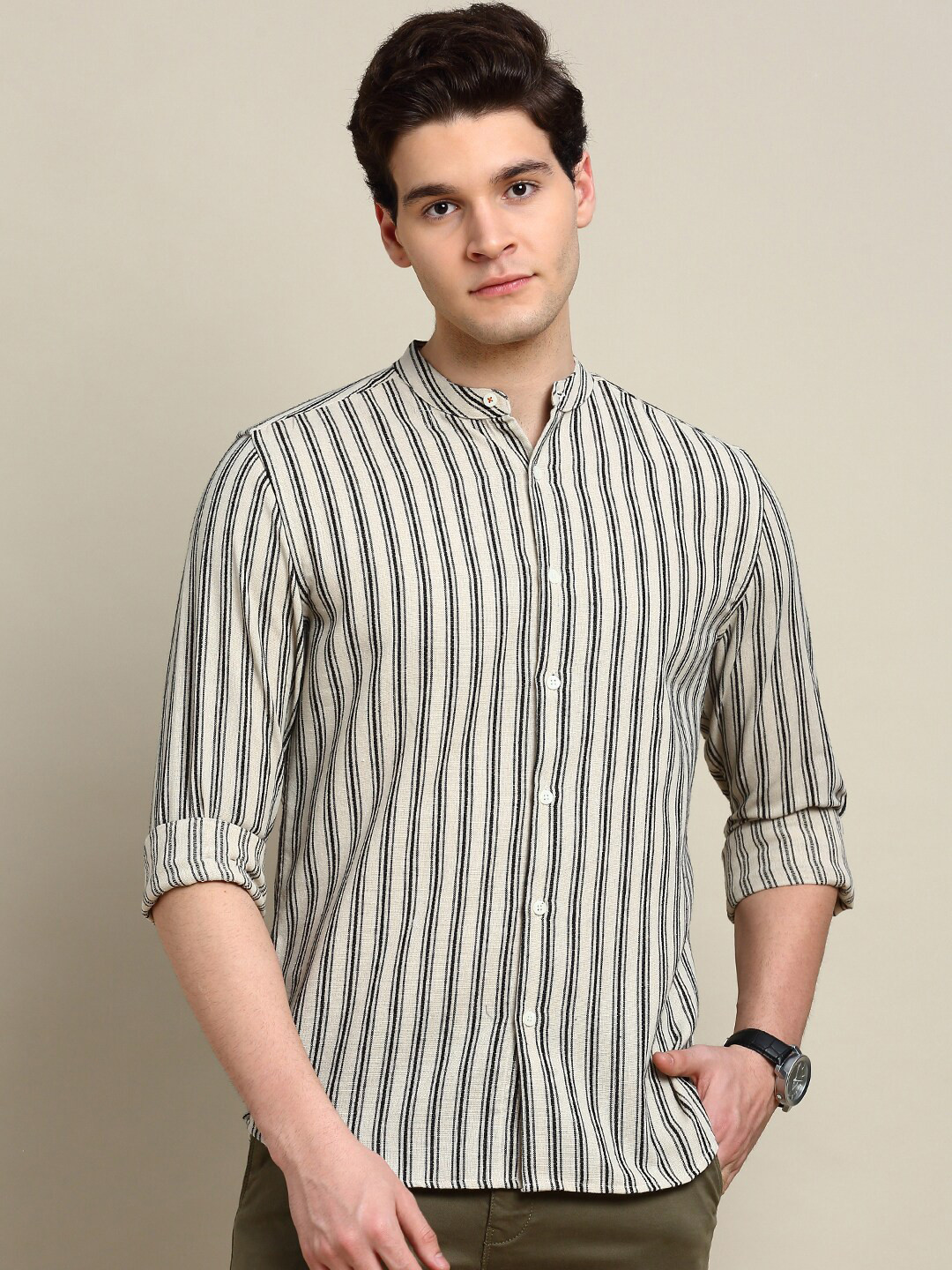 

INVICTUS Sport Slim Fit Vertical Striped Mandarin Collar Cotton Casual Shirt, Cream