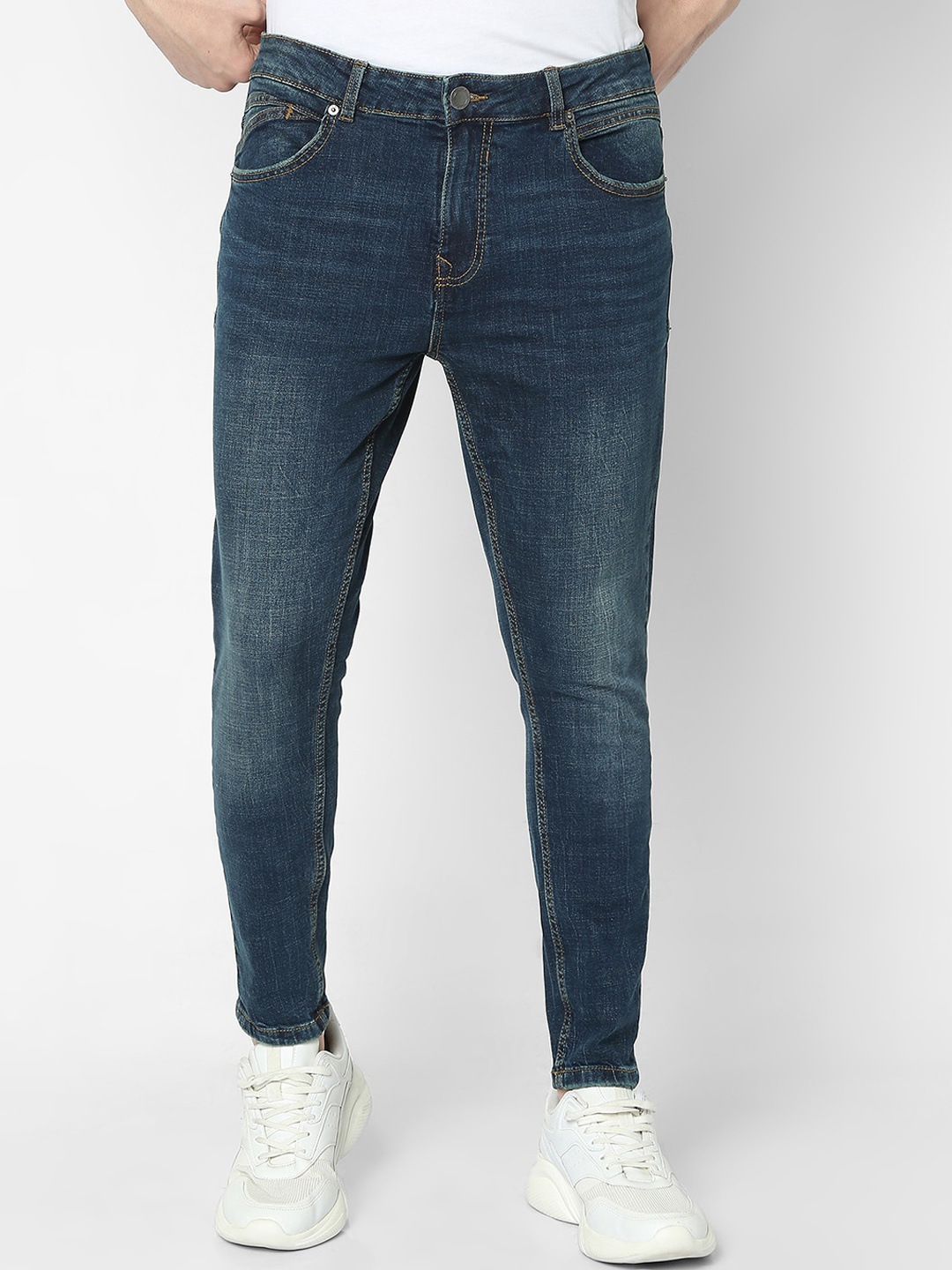 

R&B Men Slim Fit Mid-Rise Light Fade Clean Look Cotton Jeans, Navy blue
