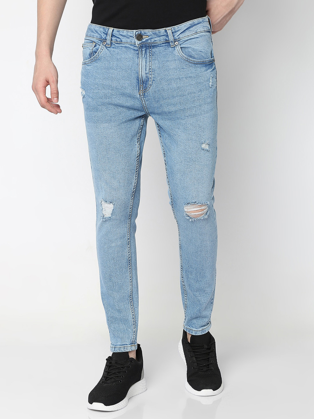 

R&B Men Slim Fit Mid-Rise Heavy Fade Light Shade Mildly Distressed Cotton Jeans, Blue