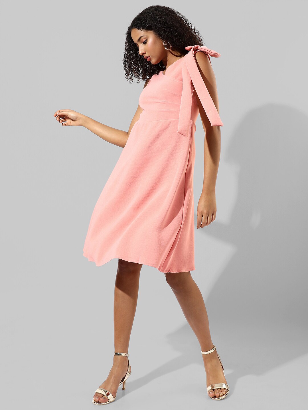 

Campus Sutra Pink V-Neck Sleeveless A-Line Midi Dress With Bow Detail