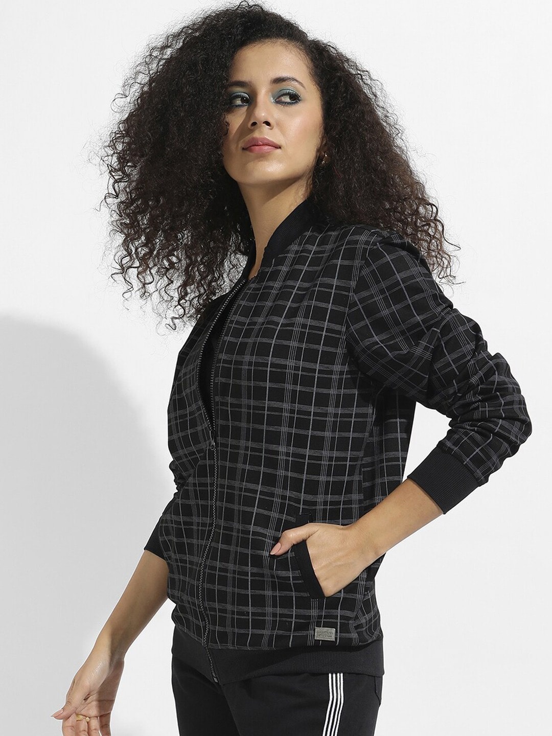 

Campus Sutra Windcheater Checked Cotton Bomber Jacket, Black